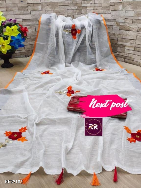 Linen saree with full hand work uploaded by Khatu shyam taxtile on 8/4/2023