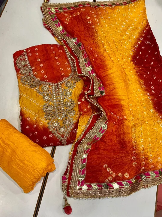 👗 NEW  launch 😍😍
👗 Bandhej art silk suit with hand gotta patti work 
🧕duppta bandhej with borde uploaded by business on 8/4/2023