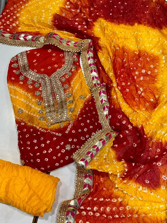 👗 NEW  launch 😍😍
👗 Bandhej art silk suit with hand gotta patti work 
🧕duppta bandhej with borde uploaded by Saiba hand block on 8/4/2023