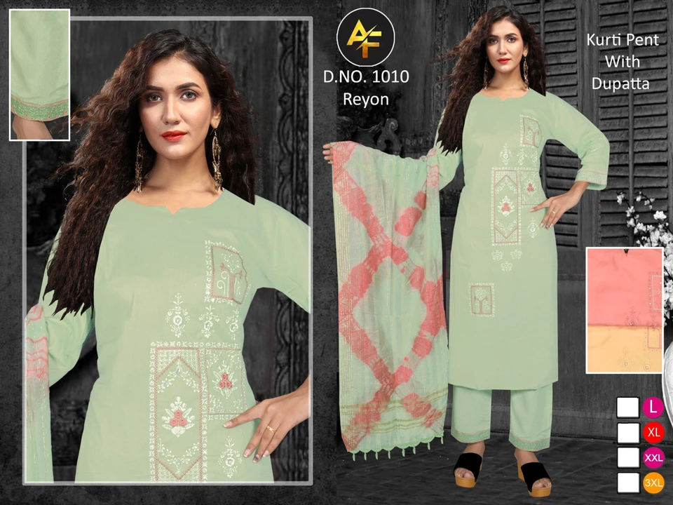Rayon embroidery work kurti with pant and dupatta  uploaded by business on 8/4/2023