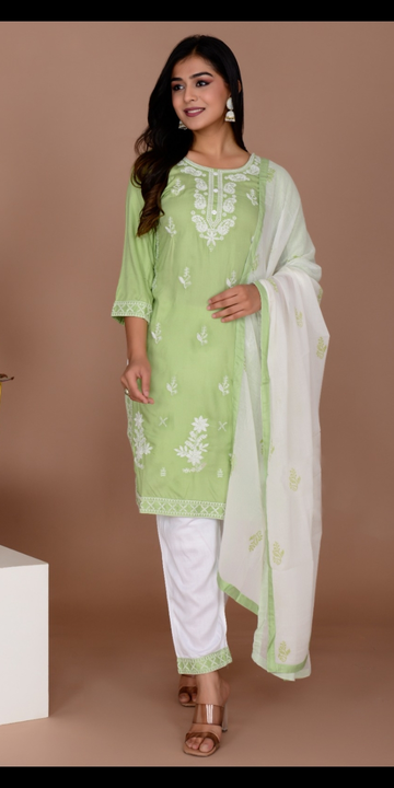 Anar-122 - Rayon Fbric Embroidered kurti with pant and dupatta uploaded by Classic Collection on 8/4/2023