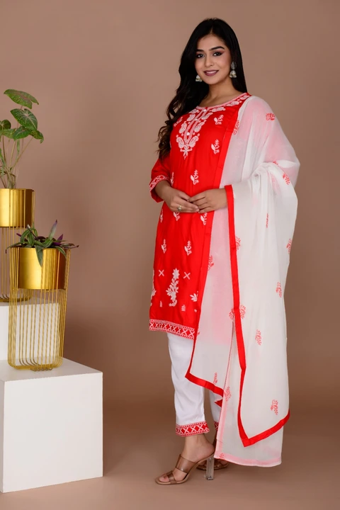 Anar-122 - Rayon Fbric Embroidered kurti with pant and dupatta uploaded by Classic Collection on 8/4/2023