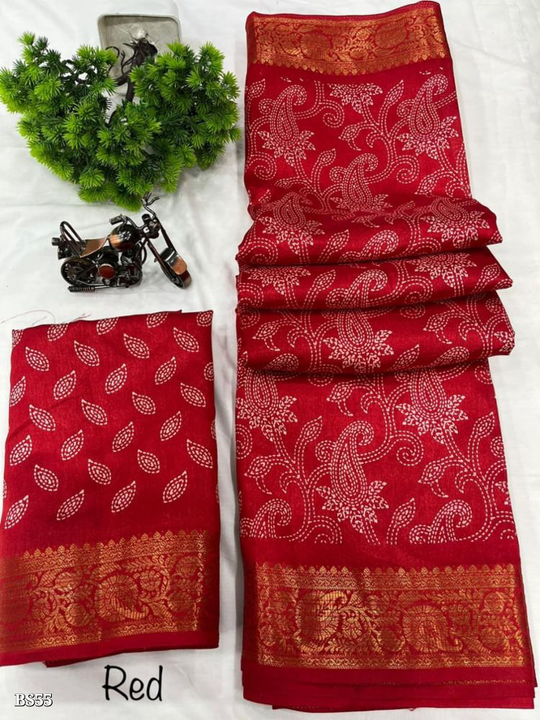 Post image : *Dola Silk*

SAREE - SOFT TUSSHAR SILK SLUB
( golden zari weaving zig zag BORDER )

BLOUSE - SOFT TUSHAR SILK SLUB
( running contrast blouse )


*TOTAL COLOR 8*
READY TO SHIP


*Key Highlights*
_Made in India, by a small manufacturer_
_Factory prices &amp; assured quality_