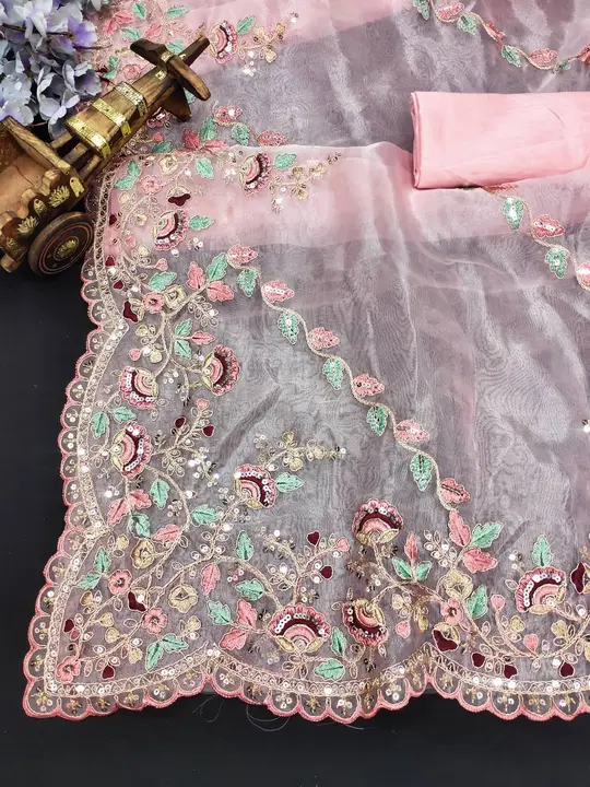 Sari Fabric: Premium Organza Silk with Embroidery  🧵Work uploaded by A star on 8/4/2023