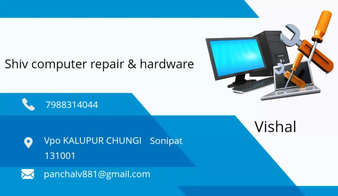 Visiting card store images of Laptop computer and amplifier repairing