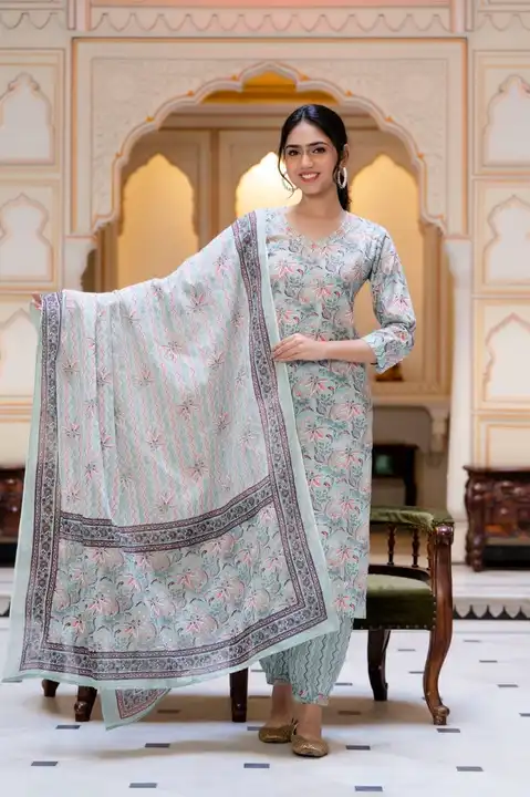 Cotton printed kurta pants and dupatta set  uploaded by Radha fashion on 8/6/2023