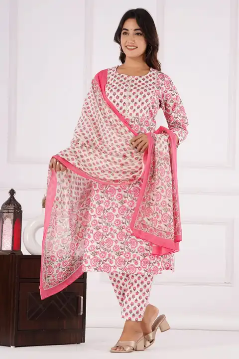 Cotton printed kurta pants and dupatta set  uploaded by Radha fashion on 8/6/2023
