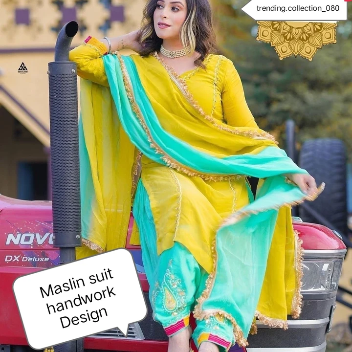 Maslin suit handwork Design full Punjabi look 💥  order no 7082542908  uploaded by business on 8/7/2023