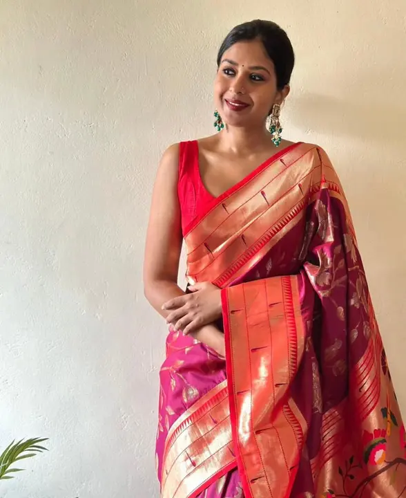Soft paithani silk saree with gold weaving pallu and minakari peacock design saree uploaded by business on 8/7/2023
