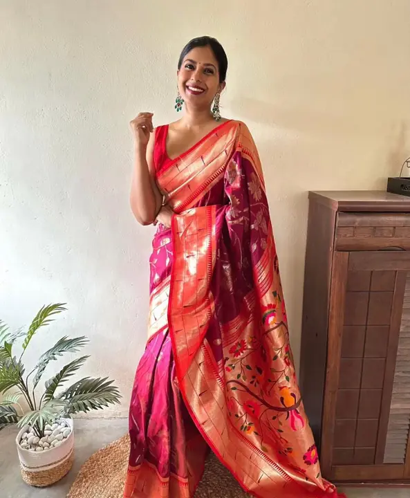 Soft paithani silk saree with gold weaving pallu and minakari peacock design saree uploaded by DHANANJAY CREATION  on 8/7/2023