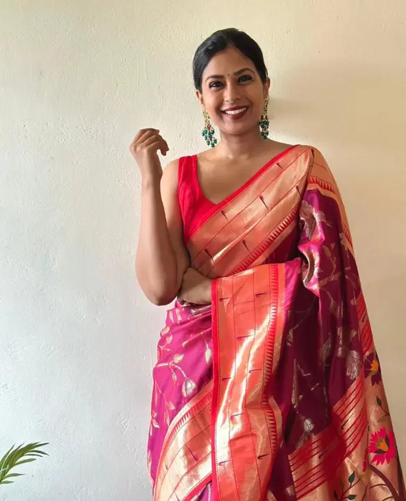 Soft paithani silk saree with gold weaving pallu and minakari peacock design saree uploaded by DHANANJAY CREATION  on 8/7/2023