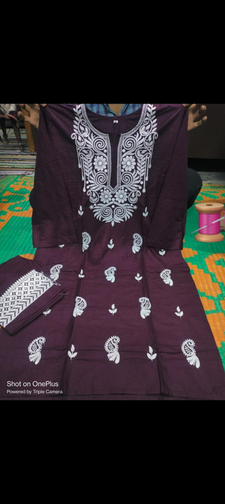 Lucknowi Chikankari Rayon Cotton Kurti Plazo Machine Embroidery Set  uploaded by Lucknowi_Nizami_Fashion on 8/7/2023
