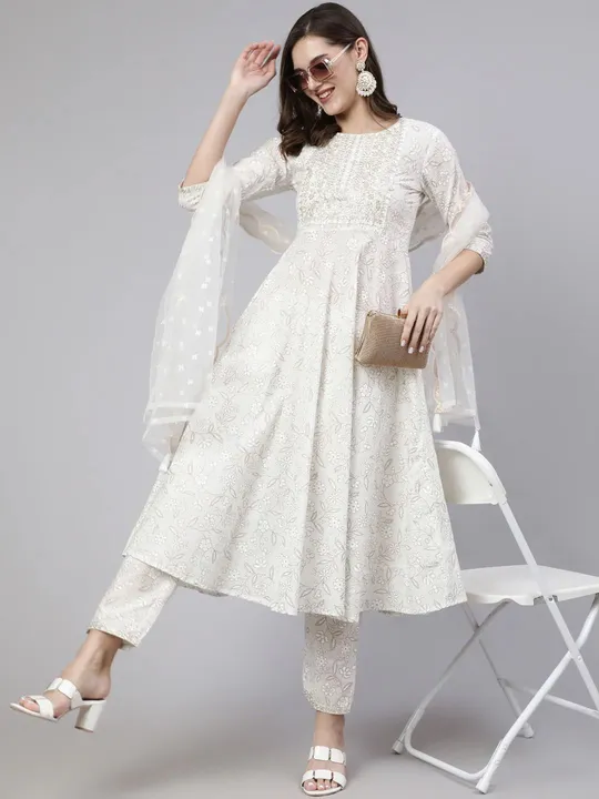 *PREMIUM QUALITY*

*Jaipuri Kurta Trousers Dupatta Set*

 *Type  :- Women White Sequenced Thread Wor uploaded by Aanvi fab on 8/9/2023