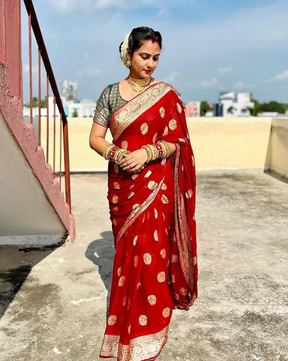 *New Arrival*  +*For Red Color lover *  Pure Viscose Georgette with MX  Zari Full Saree Heavy border uploaded by business on 8/9/2023