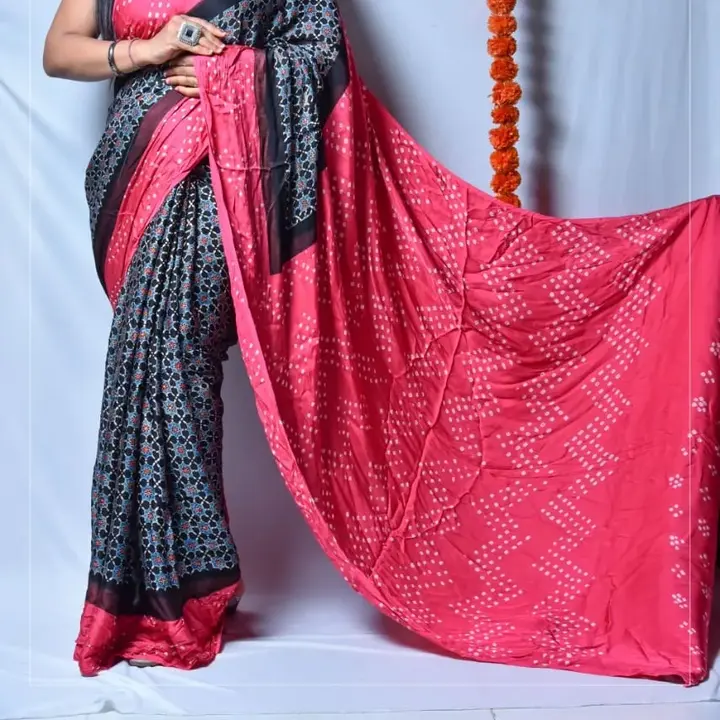 Modal silk ajrakh with bandhej saree uploaded by business on 8/9/2023