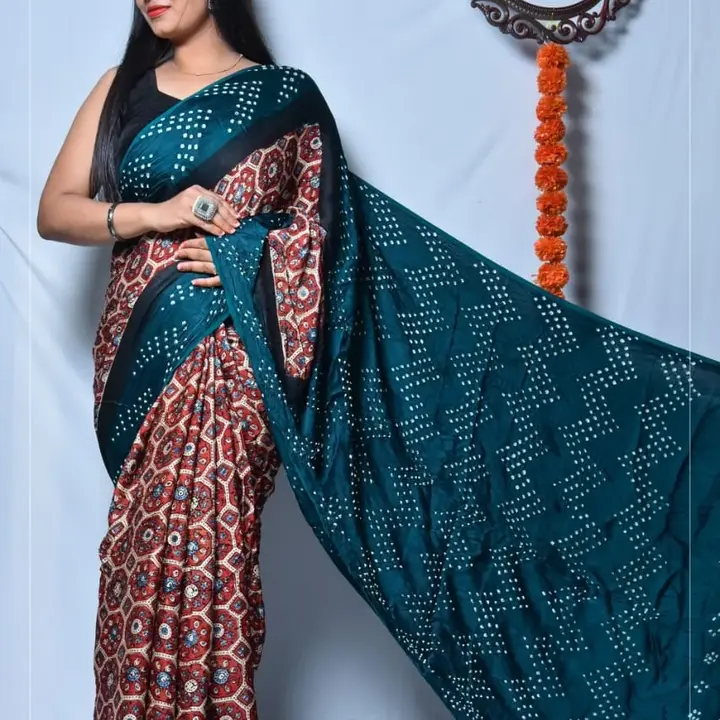 Modal silk ajrakh with bandhej saree uploaded by business on 8/9/2023