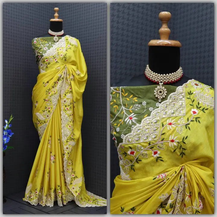 Sari Fabric: Premium Diamond Chinon Silk with Heavy Embroidery uploaded by business on 8/11/2023