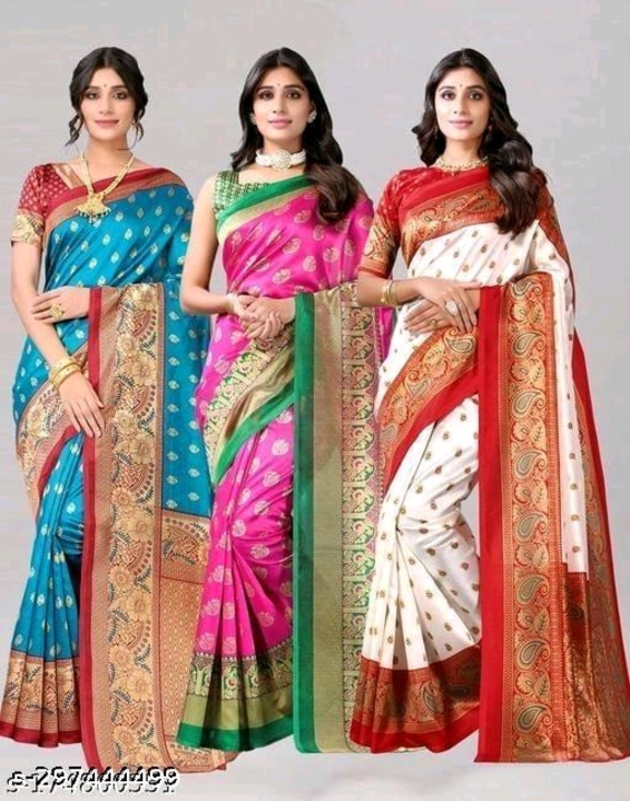 Post image Catalog Name:*Trendy Refined Sarees*
Saree Fabric: Poly Silk / Art Silk
Blouse: Product Dependent
Blouse Fabric: Product Dependent
Pattern: Zari Woven
Blouse Pattern: Product Dependent
Net Quantity (N): Pack of 3
Sizes: 
Free Size (Saree Length Size: 5.5 m, Blouse Length Size: 0.8 m) 

Dispatch: 1 Day

*Proof of Safe Delivery! Click to know on Safety Standards of De