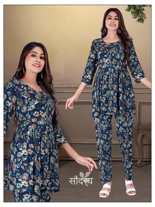 Casual CO-ORD SET

in Havy Capsul Print,Modal- Maslin Print,Cotton Print or Plain, Reon14kg Printed  uploaded by business on 8/12/2023