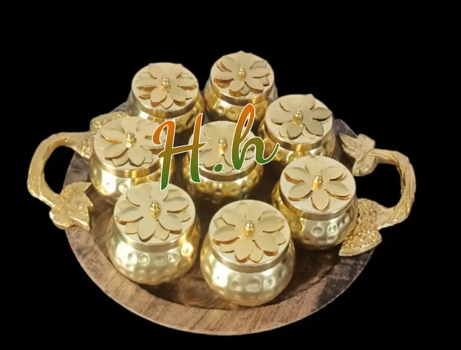 Decorative Mango Wooden Tray with Aluminium Gold plated Handles With Iron Gold Plated Jars Combo Set uploaded by Hina Handicrafts on 8/12/2023