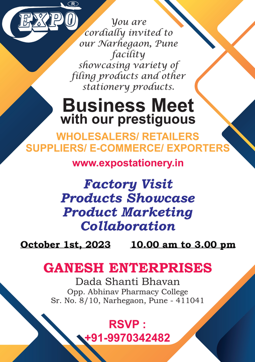 Post image We are having a business event at our facility in Narhegaon, Pune on 1st October, 2023 from 10. 00 am to 3.00 pm. Do confirm your presence to +919970342482.