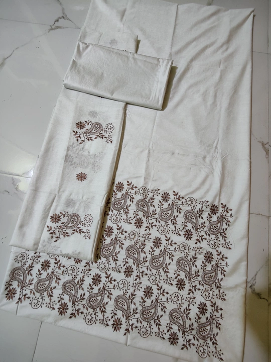 Awesome of white Embroidery Work Viscose Katan Silk Dress Material With Plain Bottom
 uploaded by Weavers gallery on 8/13/2023