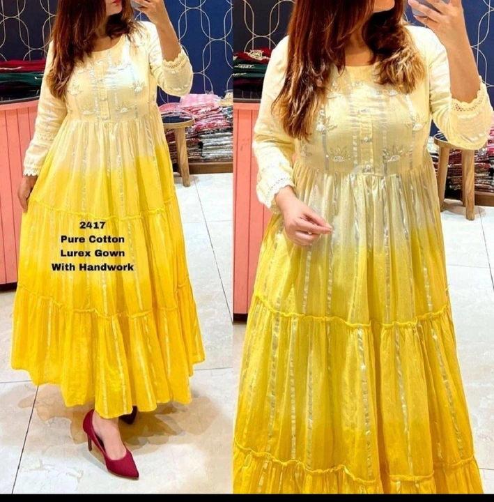 Post image Hey! Checkout my new product called
Yellow multiple printed kurta Gown for women.