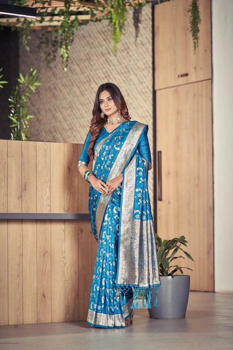 Exquisite Allover Butta and Weaving Pattern with Zari Border Sartin Silk Saree uploaded by DHANANJAY CREATIONS on 8/14/2023