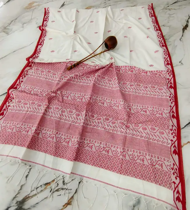 Puja special Lal & sada 
pure mersrised cotton saree with blouse 
Best Quality  uploaded by business on 8/14/2023