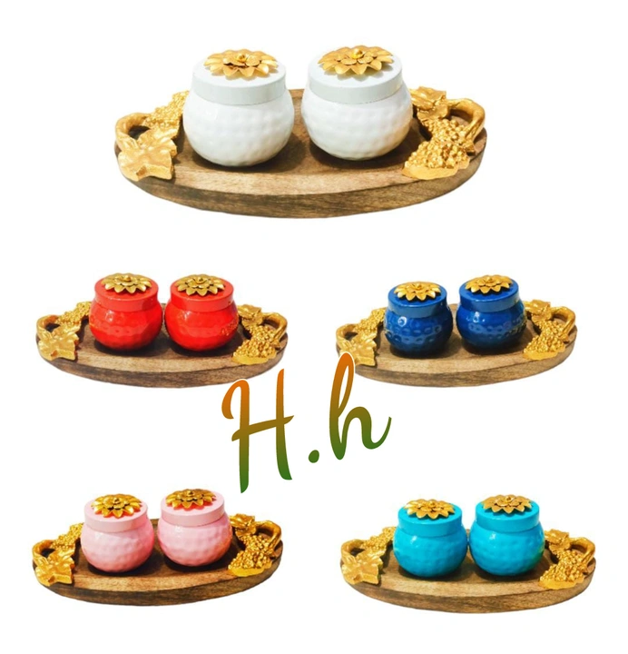 Decorative Mango Wooden Tray with Aluminium Gold plated Handles With Iron Colourful Jars Combo Set A uploaded by Hina Handicrafts on 8/14/2023