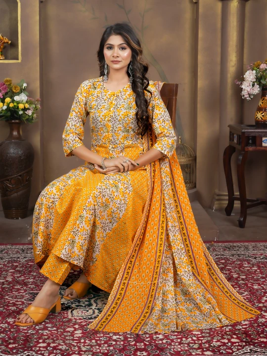 Cotton Anarkali kurti with pant and Dupatta uploaded by business on 8/17/2023