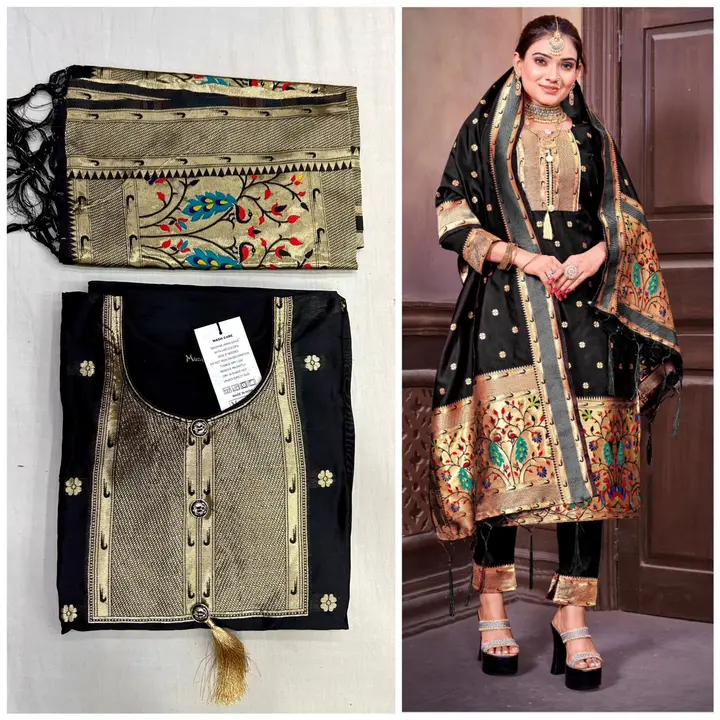 Post image *Paithani Salwar Suit.🌸 *

Must have wardrobe of essentials paithani dress which will make you fill royal in your special occasion 

* Readymade Salwar Suit (Stitched)*

*Fabric* : Soft Silk Material 

*Size*:  (L) (XL) (XXL)

*Package Contain :* Salwar, Top, Dupatta.

*Sleeve length* : 3/4
 
*Bottom(Stitched)*
Bottom Fabric : Jacquard (Paithani)

*Bottom Work* : Weaving Zari Work 

*Bottom Length* : 39 inches 

*Bottom Waist* : Elastic 

*Dupatta Length *: 2.3 Meter

*Price : 999/- + Shipping *