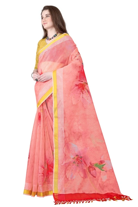 Organza Chex Floral Digital Printed Saree With Golden Border And Unstitched Brocade Blouse Piece  uploaded by Shyam Silk on 8/20/2023