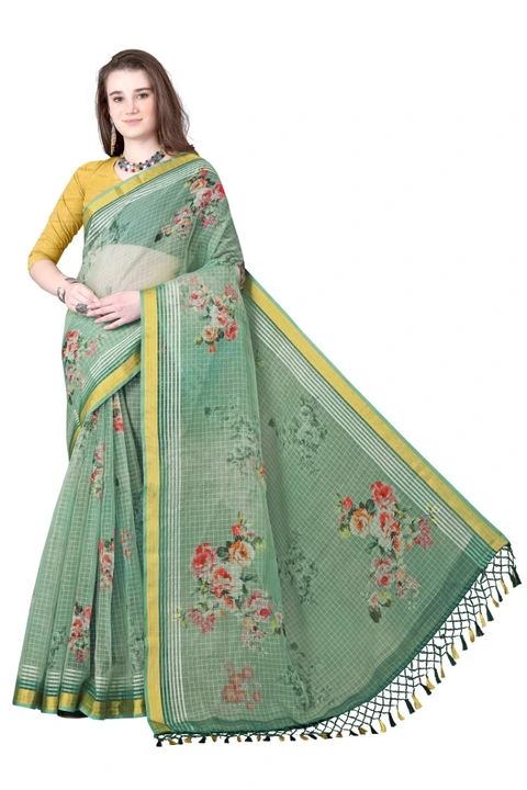 Organza Chex Floral Digital Printed Saree With Golden Brocade And Unstitched Blouse Piece  uploaded by Shyam Silk on 8/20/2023