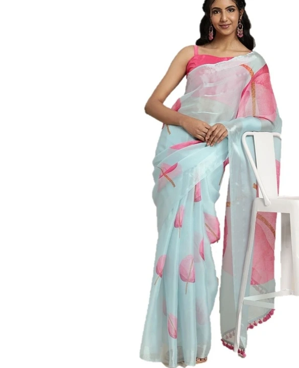 Organza Silver Border Pink Leaf Digital Printed Saree With Unstitched Blouse Piece  uploaded by Shyam Silk on 8/20/2023