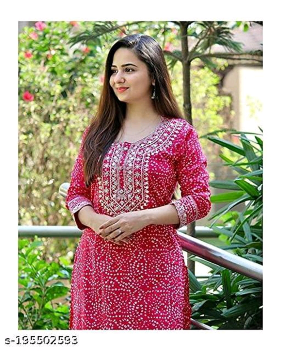 Post image Catalog Name:*Aagam Fashionable Kurtis*
Fabric: Rayon
Sleeve Length: Three-Quarter Sleeves
Pattern: Printed
Combo of: Single
Sizes:
XS, S (Bust Size: 36 in, Size Length: 48 in) 
M (Bust Size: 38 in, Size Length: 48 in) 
L (Bust Size: 40 in, Size Length: 48 in) 
XL (Bust Size: 42 in, Size Length: 48 in) 
XXL (Bust Size: 44 in, Size Length: 48 in) 
XXXL price 499
