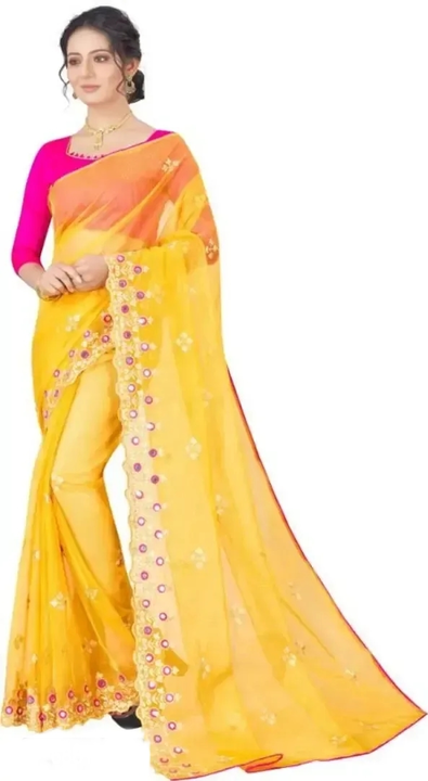 Yellow Pink Net Zari And Mirror Worked Saree With Blouse uploaded by GAGANASRI ENTERPRISES on 8/21/2023