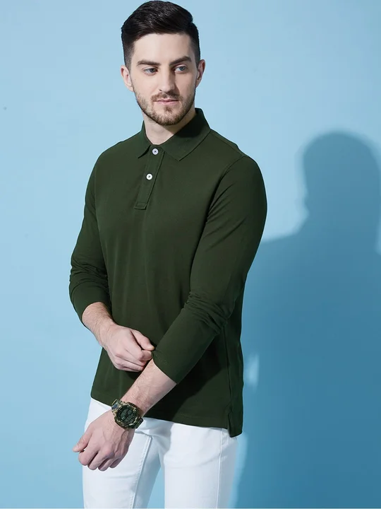 hot button coller neck full sleeve solid green tshirt for men! uploaded by business on 8/21/2023