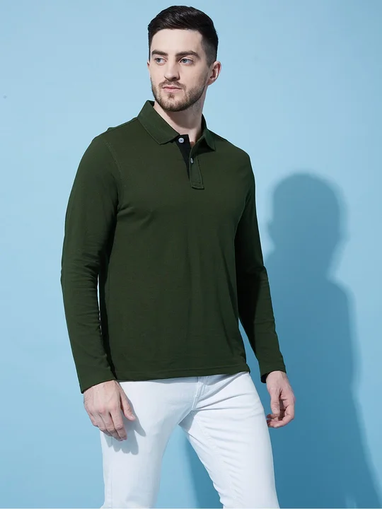 hot button coller neck full sleeve solid green tshirt for men! uploaded by Hotbutton.in  on 8/21/2023