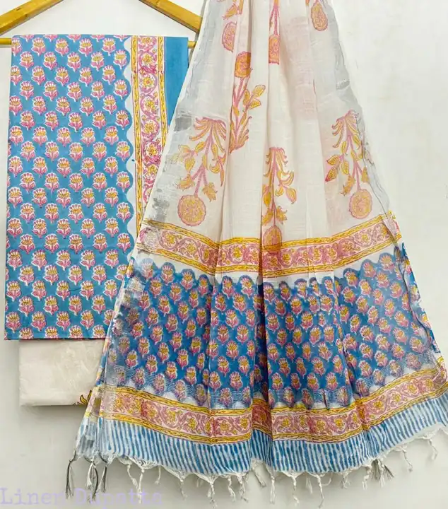 Handblock Printed lilen dupatta with cotton suite uploaded by business on 8/21/2023