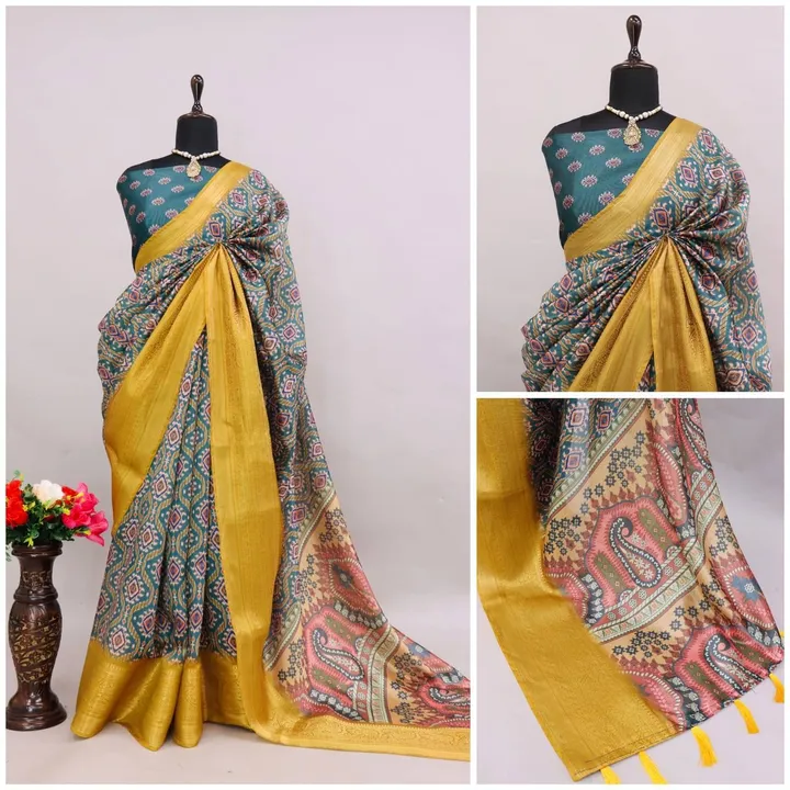 Post image 💫🥰Varkanya 💫
💫*🛍ARONICA*

*A Handloom fabric made by soft silk yarn and contrast border looks a very elegant of Digital Print in all over saree  with Rich Zari Border and weaved  Border silk blouse piece attached*

A beautiful Tessels attached at Pall
Available for portal 
Single &amp; bulk both available