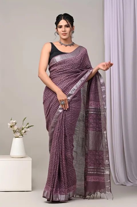 Cotton linen saree of bagru hand block printed natural colour  uploaded by business on 8/22/2023