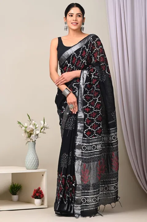 Cotton linen saree of bagru hand block printed natural colour  uploaded by Bagru Hand Block Print Jaipur on 8/22/2023