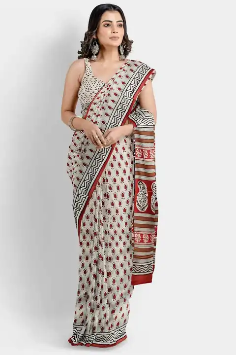 Cotton mulmul saree of bagru hand block printed natural colour  uploaded by business on 8/22/2023