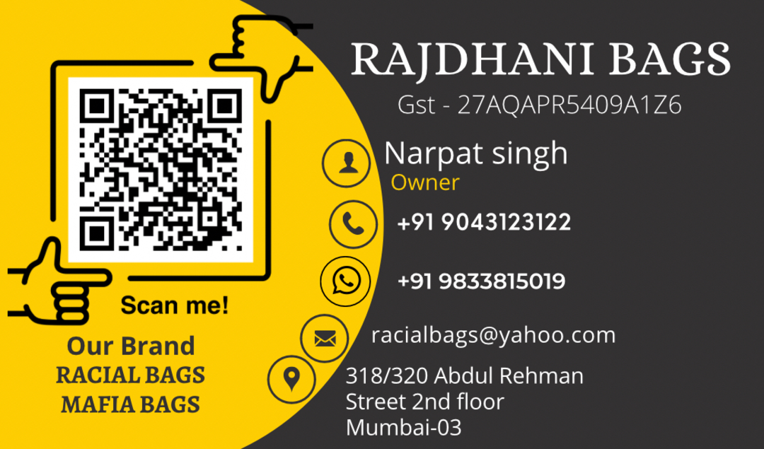 Visiting card store images of Rajdhani Bags 📱9833815019📱
