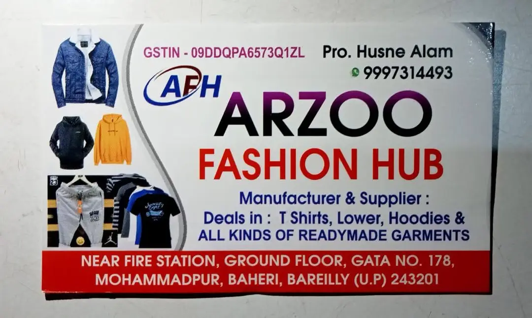 Visiting card store images of Arzoo Fashion Hub