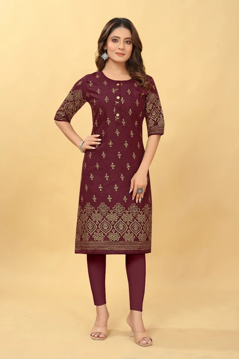 Post image For more content number 7990924881

-FABRIC: Ruby Cotton

-SIZE :S-36,M-38,L-40,XL-42,XXL-44

-LENGTH: 42 Inch

- Work: Foil Gold Printed

- Sleeves: 3/4 Sleeve

-TOTAL DESIGN : 10