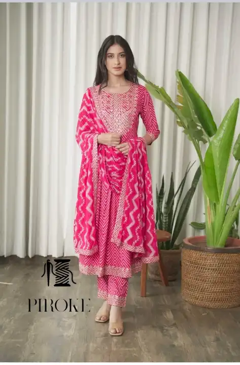 Beautiful Rayon Fabric zigzag Printed Straight Kurti Naira Cut With Pant And Printed Dupatta 3pis se uploaded by business on 8/25/2023