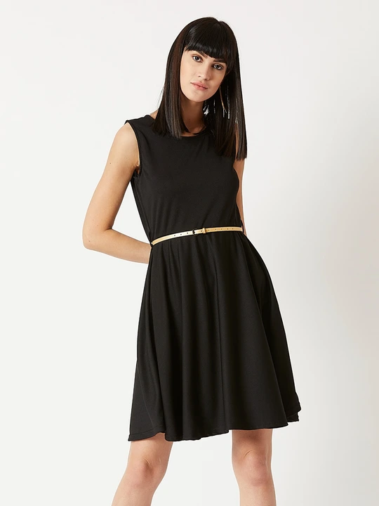 Women's Black Round Neck Sleeveless Solid Knitted Belted Knee-Long Skater Dress uploaded by Chase Lifestyle Private Limited on 8/25/2023
