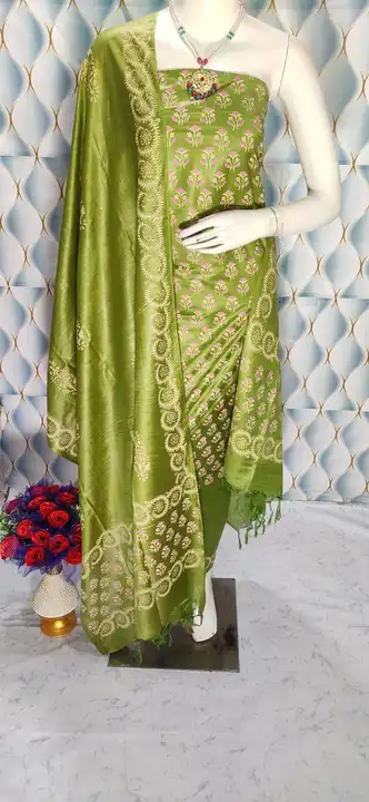 BLOCK PRINT SUIT...
FABRICS ✡️ KATAN SLUB 
ALL OVER SAME COLOUR

➡TOP BOTTOM AND DUPATTA : FREE SIZE uploaded by Weavers gallery on 8/25/2023